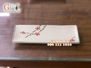 Đĩa chữ nhật múi men kem vẽ hoa Đào đỏ 25cm