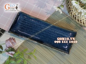 Đĩa chữ nhật vân men hỏa biến xanh đá, 32x10cm