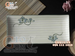 Đĩa chữ nhật vân men kem vẽ Sen xanh, 31x12cm