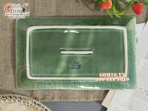 Đĩa chữ nhật xanh đồng vẽ Chuồn kim, 19x11.5cm