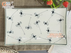 Đĩa chữ nhật xanh đồng vẽ Chuồn kim, 27x17cm