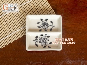 Đĩa gia vị 2 ngăn men đen vẽ hoa Móc