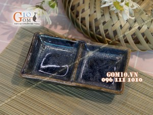 Đĩa gia vị 2 ngăn men hỏa biến xanh đá