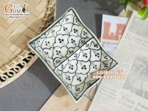Đĩa gia vị 2 ngăn xanh đồng vẽ bèo