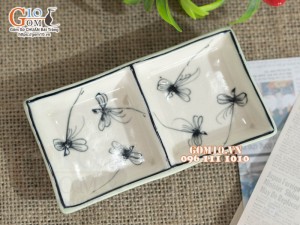 Đĩa gia vị 2 ngăn, xanh đồng vẽ Chuồn kim