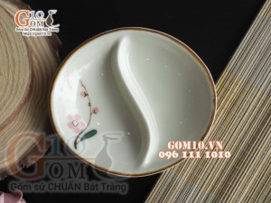 Đĩa gia vị oval men kem vẽ hoa Đào phai