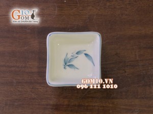 Đĩa gia vị vuông men kem vẽ lá Trúc xanh