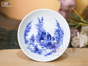Đĩa kê chén men lam cảnh trúc lâm thất hiền, đường kính 9.5cm