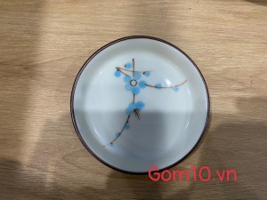 Đĩa kê cốc men kem vẽ hoa đào xanh