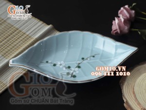 Đĩa lá gân Ngọc Thanh Dương vẽ hoa Đào, 25x13cm