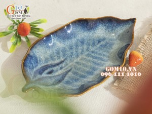Đĩa lá lượn men hỏa biến thiên hà, 25x13cm