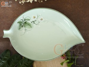Đĩa lá rong men ngọc vẽ hoa Bưởi trắng, 26,5x17cm