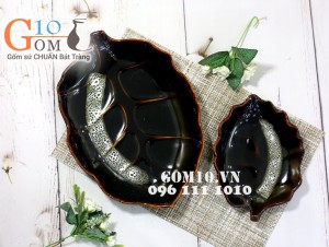 Đĩa lá sâu men hỏa biến gấm quẹt màu mật ong 34,5x24,5cm