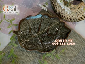 Đĩa lá sâu men hỏa biến gấm vàng, 24x17,5cm