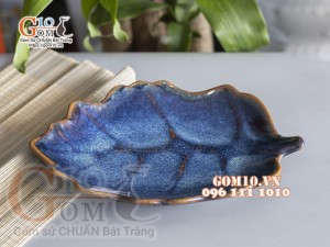 Đĩa lá sâu men hỏa biến xanh đá 27,5x19,5cm