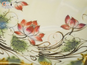 Đĩa lá sâu men vuốt vẽ hoa Sen đỏ 24x17cm