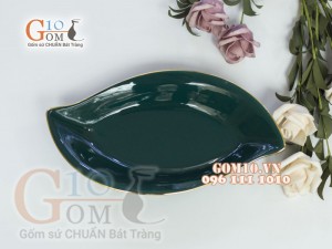 Đĩa mắt mèo men màu kẻ chỉ vàng kim, cạnh 25x14cm