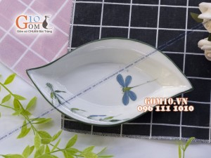 Đĩa mắt mèo men kem vẽ Trúc Chuồn 22x12cm