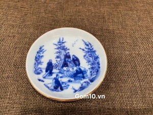 Đĩa men lam cảnh trúc lâm thất hiền kẻ chỉ viền vàng kim, đường kính 9.5cm