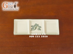 Đĩa muối chữ nhật 3 ngăn men kem vẽ hoa Sen xanh