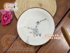 Đĩa muối tròn men kem vẽ hoa Đào xanh