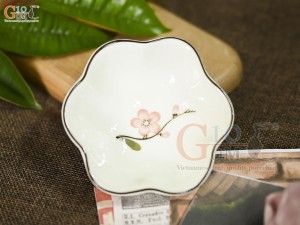Đĩa muối hoa men kem vẽ hoa Đào hồng
