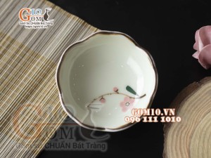 Đĩa muối hoa men kem vẽ hoa Đào phai