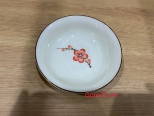 Đĩa muối men kem vẽ hoa Đào đỏ