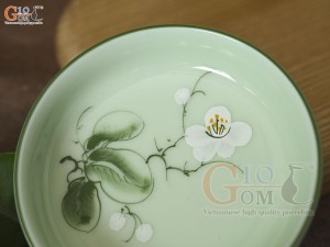 Đĩa muối tròn men ngọc vẽ hoa Bưởi trắng