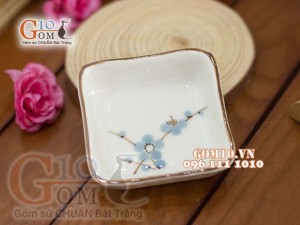 Đĩa muối vuông men kem vẽ hoa Đào xanh