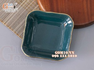Đĩa muối vuông lượn men màu kẻ chỉ vàng kim