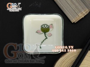 Đĩa muối vuông men kem vẽ Đài Sen