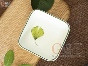 Đĩa muối vuông men kem vẽ lá Như Ý