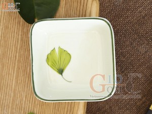 Đĩa muối vuông men kem vẽ lá Như Ý