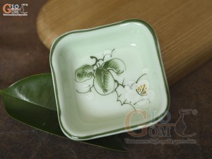 Đĩa muối vuông men ngọc vẽ hoa Bưởi trắng