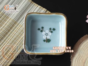 Đĩa muối vuông Ngọc Thanh Dương vẽ hoa Đào xanh