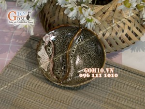 Đĩa gia vị oval men gấm vàng khắc sen