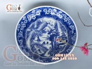 Đĩa phong thủy cao cấp lam vẽ cảnh sơn thủy, sâu 6cm