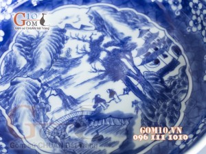 Đĩa phong thủy cao cấp lam vẽ cảnh sơn thủy, sâu 6cm