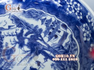 Đĩa phong thủy cao cấp lam vẽ cảnh sơn thủy, sâu 6cm