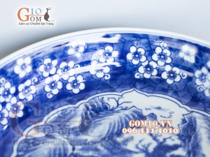 Đĩa phong thủy cao cấp lam vẽ cảnh sơn thủy, sâu 6cm