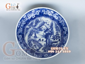 Đĩa phong thủy cao cấp lam vẽ cảnh sơn thủy, sâu 6cm