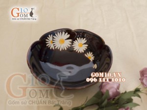 Đĩa salat hoa men hỏa biến khắc Cúc Họa Mi, đường kính 18cm