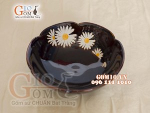 Đĩa salat hoa men hỏa biến khắc Cúc Họa Mi, đường kính 18cm