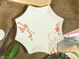 Đĩa sao men kem vẽ hoa Đào đỏ, 24cm