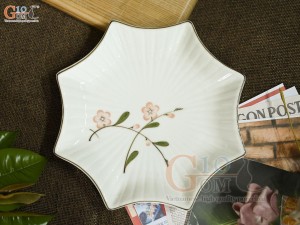Đĩa sao men kem vẽ hoa Đào hồng, 24cm