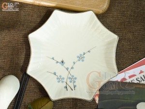 Đĩa sao men kem vẽ hoa Đào xanh, 24cm