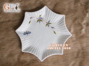 Đĩa sao men trắng vẽ chuồn chuồn tre 21cm