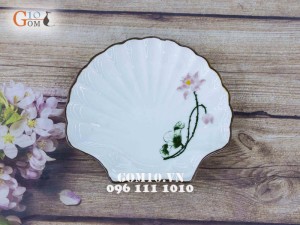 Đĩa sò men kem họa tiết Sen hồng, đường kính 22cm