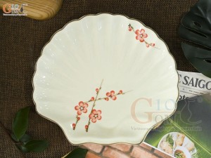 Đĩa sò men kem vẽ hoa Đào đỏ, 23x20cm